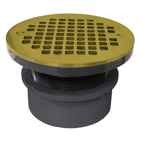 Jones Stephens 4in. PVC Hub Fit Drain Base with 3-1/2in. Plastic Spud and 6in. Polished Brass Strainer D53001 - main